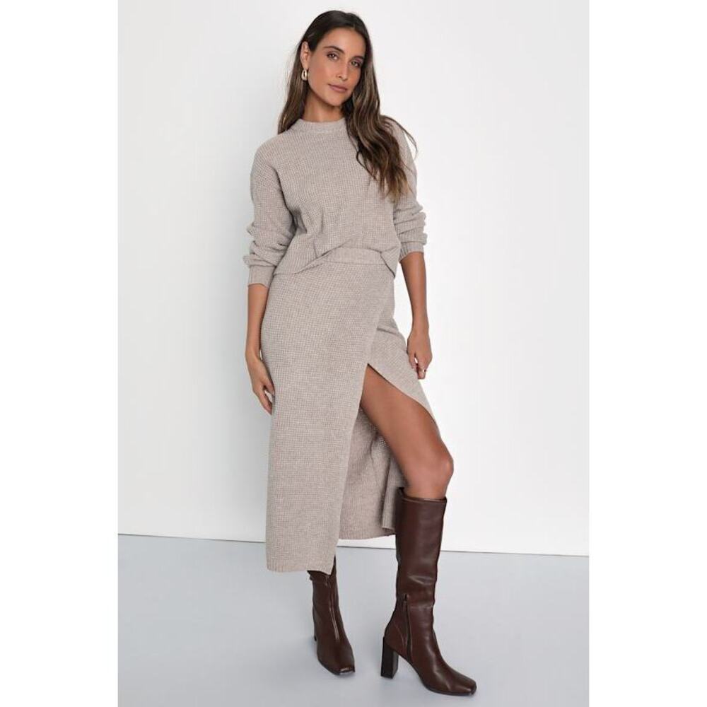 Lulus Autumn Sweetheart Beige Waffle Knit skirt - Picture 1 of 3